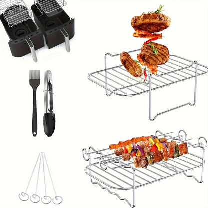 Durable Stainless Steel Air Fryer Accessories Set includes Double Layer Rack, Skewer Holder, Steamer Stand and 4 Skewers - A Multi-functional Kit for your Air Fryer