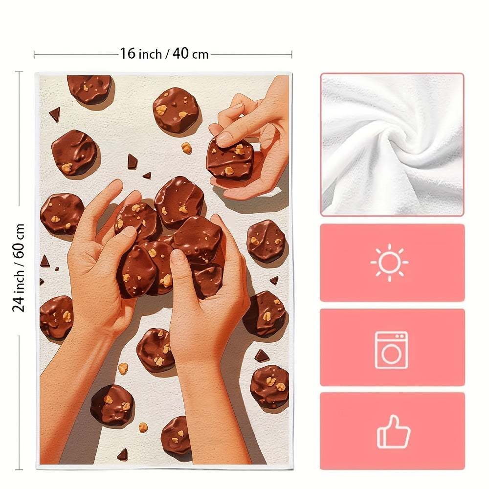 Get 2 ultra soft kitchen towels, perfect for holiday decor and featuring a set of gourmet chocolate covered cookies. These highly absorbent dish hand towels are machine washable and measure 16x24 inches. Item number: 2KYSMF1214049