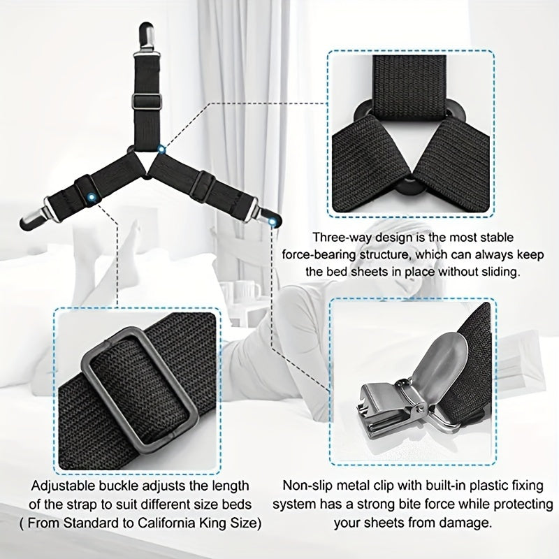 Набор из 4 регулируемых треугольных держателей для простыней с эластичными зажимами для матраса, противоскользящими зажимами для простыней и тканевыми застежками для дивана, скатерти; легко чистится
