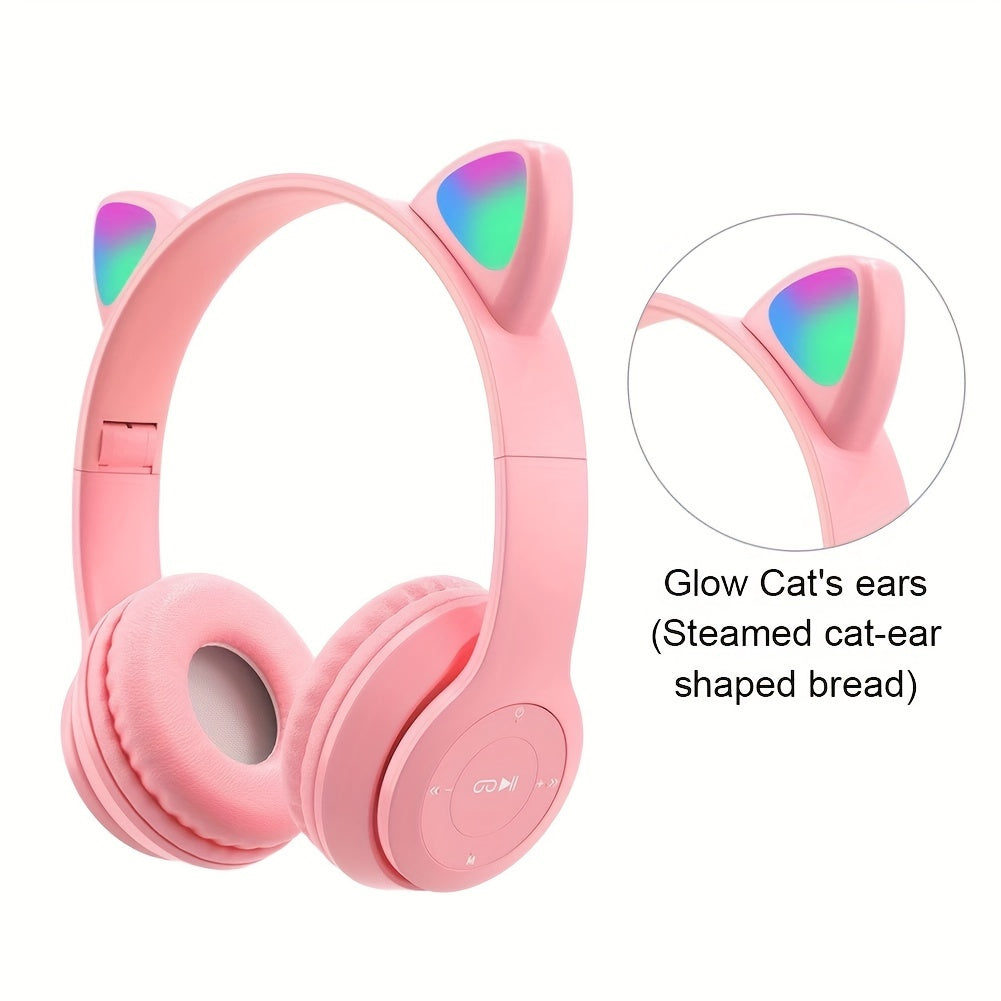 Anime cat ear wireless headphones with LED lights, microphone, rechargeable battery, 3.5mm jack, push button volume control. Compatible with cellphones, non-waterproof. Ideal for cycling