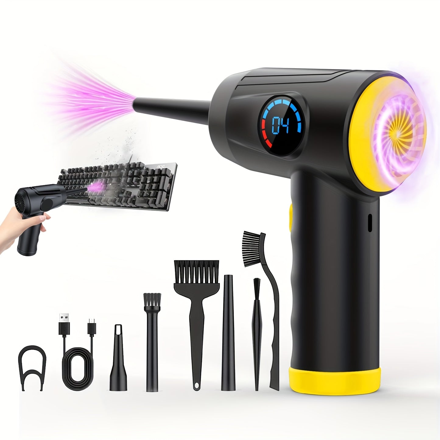 Cordless compressed air duster with 4 nozzles, LED light, 51000 RPM, 4-speed adjustable electric blower, fast charging, portable cleaner for computers, keyboards, electronics, and more.