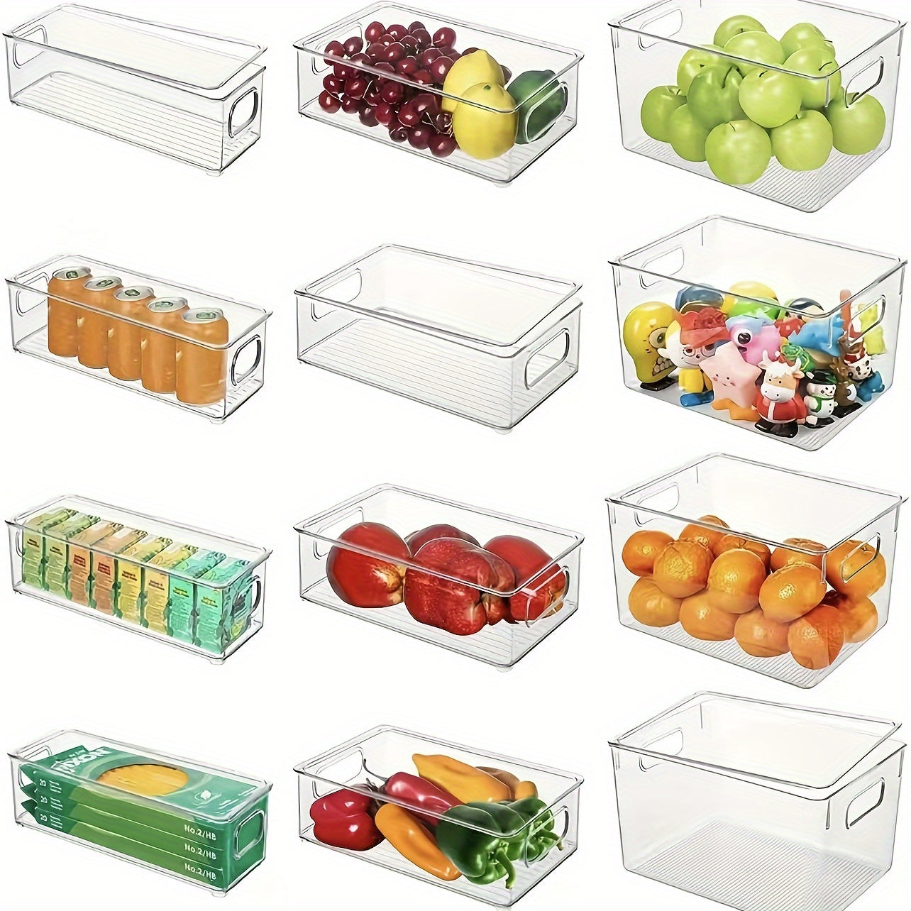 Lachesis Stackable Refrigerator Organizer Bins Set includes 2 large and 2 small bins, made of clear plastic with handles. These bins are versatile and can be used in the fridge, freezer, pantry, cabinets, drawers, or shelves for organizing fruits and