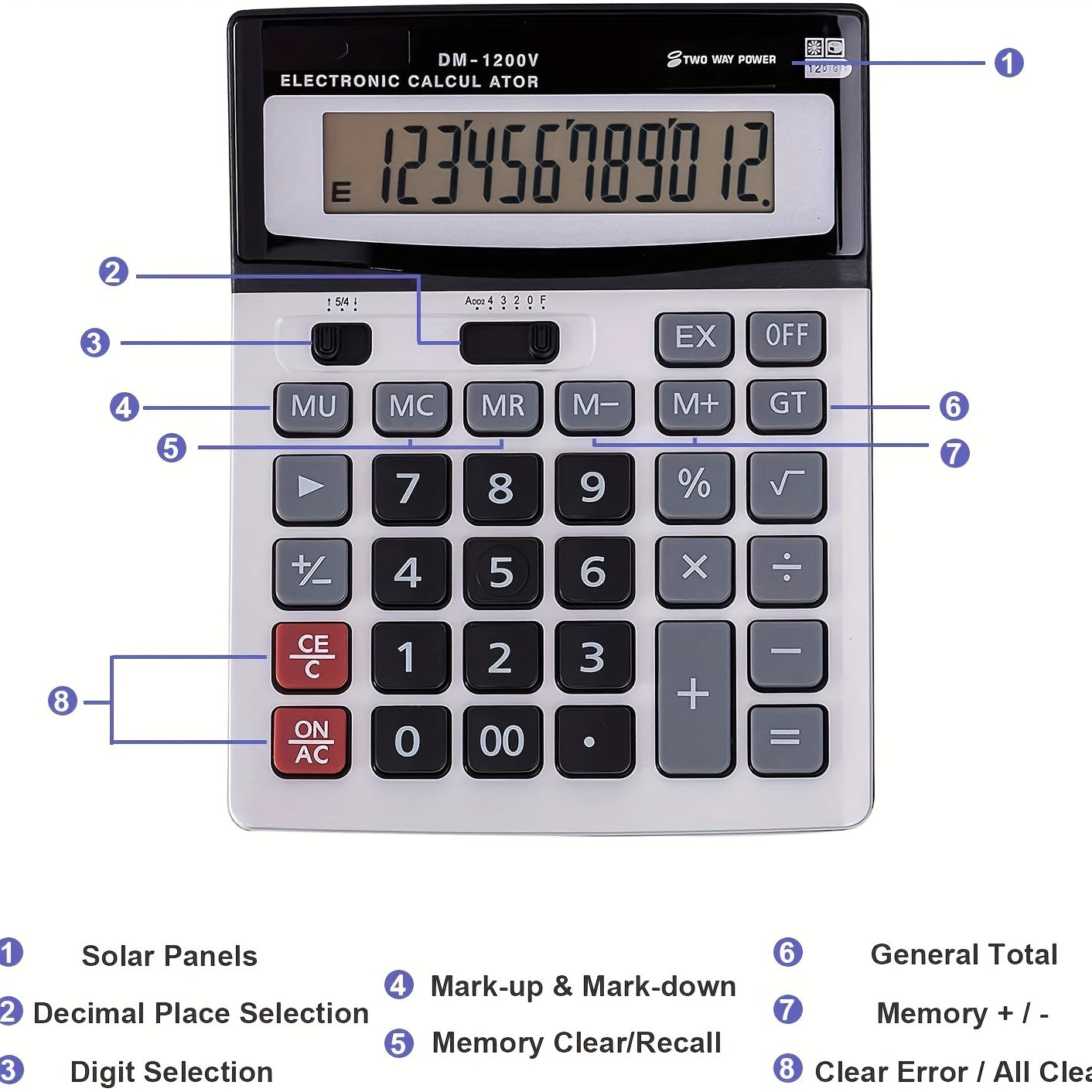 Desktop calculator with large display, big buttons, dual power, and 12-digit capacity.