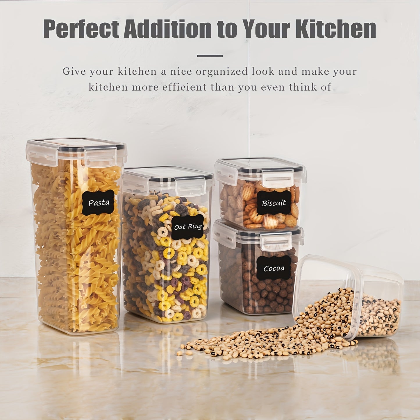 Set of 10 airtight pet food containers made of BPA-free plastic; dishwasher safe; includes labels and marker for pantry organization.