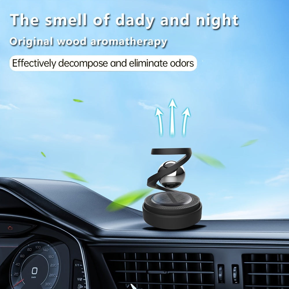 Solar-powered car aromatherapy diffuser rotates, creates long-lasting fragrance, and is compatible with various aromatherapy products.