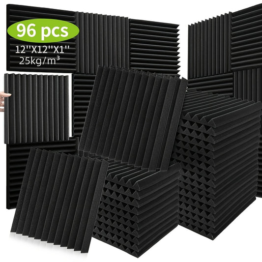 96 pieces of wedge-shaped acoustic soundproof foam boards, flame retardant and fireproof, measuring 30.48x30.48x2.54 cm. Ideal for bedroom, cinema, recording studio, and music room.