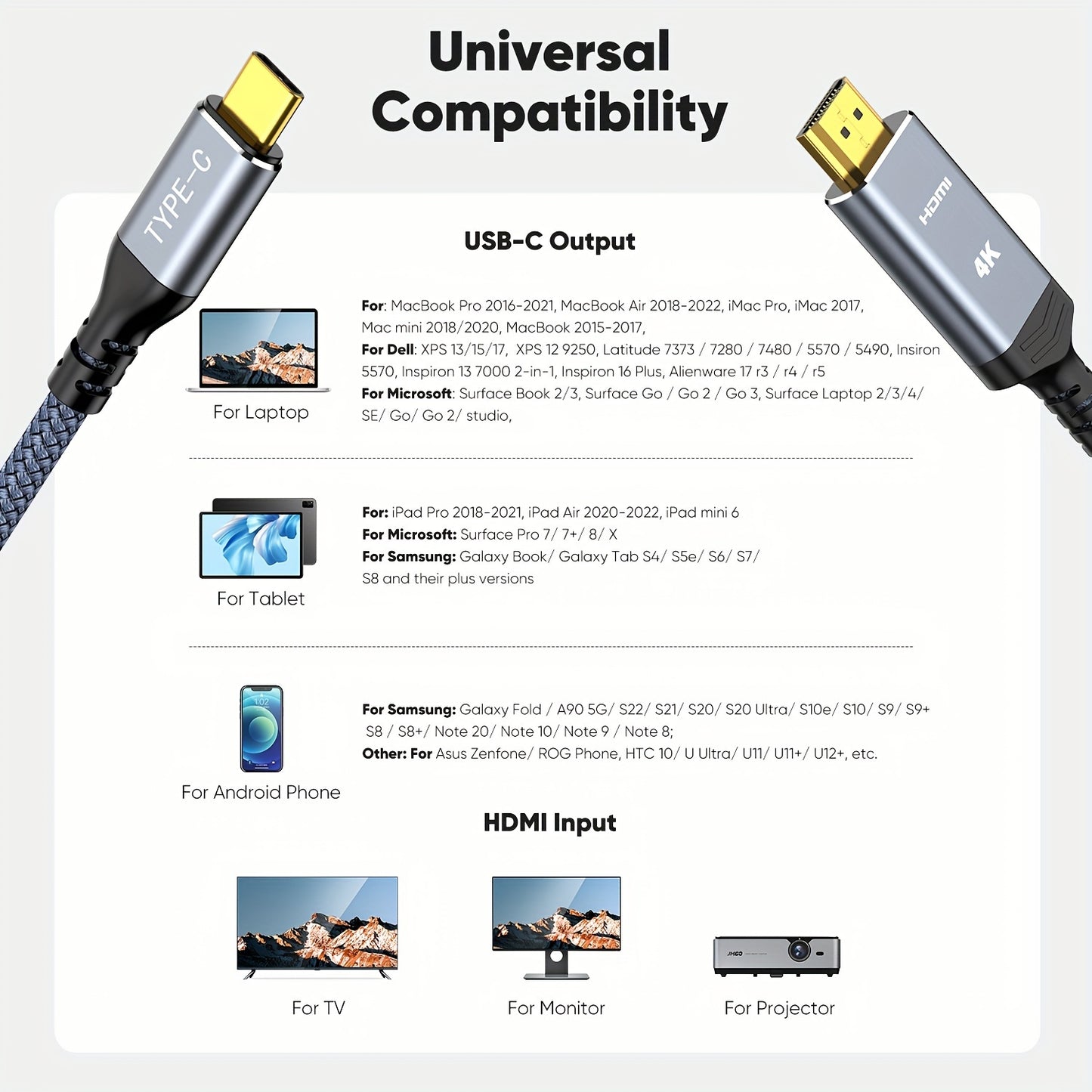 4K USB C to HDTV Cable compatible with Macbook, iPad, Samsung Galaxy, Surface, Dell, HP, and more (100.58cm/182.88cm/3.05m)