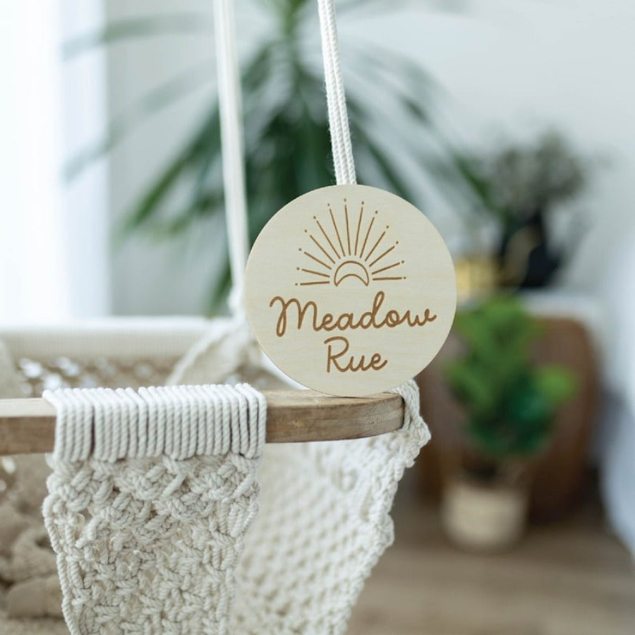 Customize your own wooden sun name sign for a unique birth announcement, personalized keepsake for new parents.