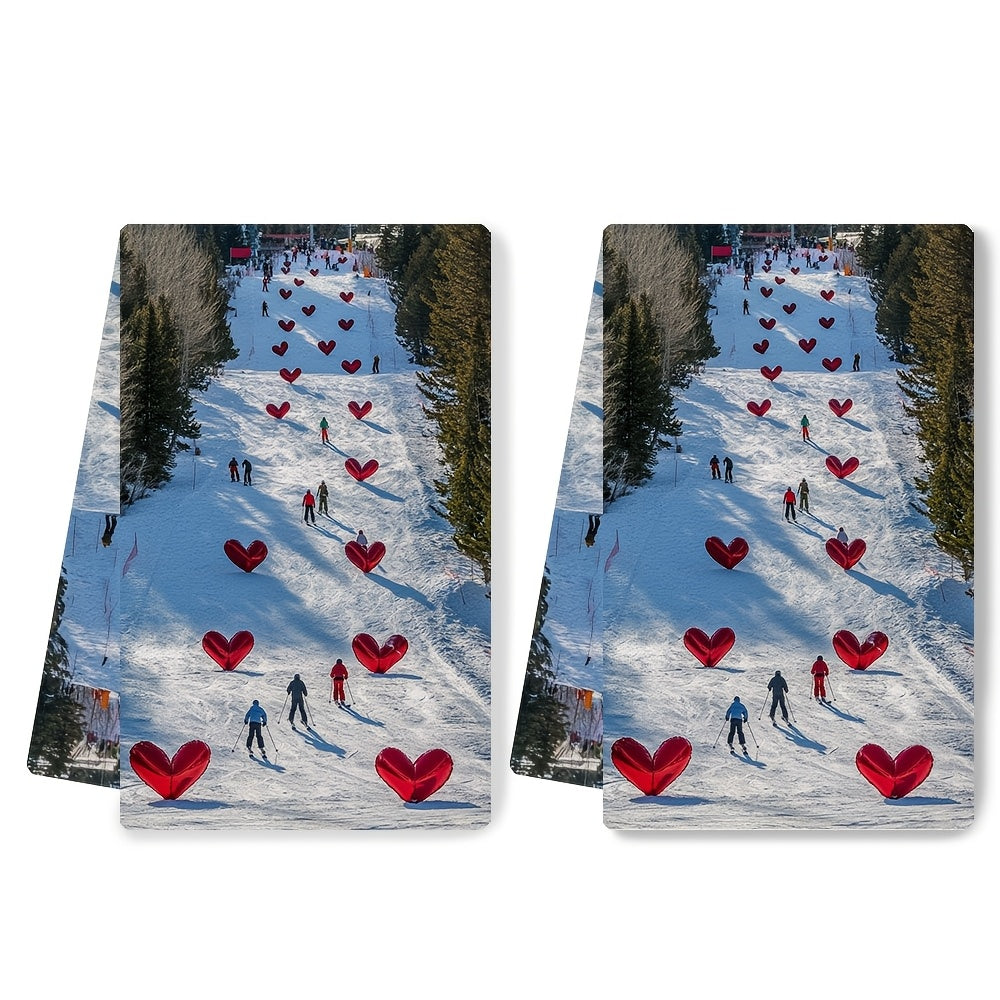 A set of two ultra soft polyester kitchen towels, designed for high absorbency and easy machine washing. These contemporary rectangular dish hand towels feature a coastal theme with a heart flags ski slope design. Each towel measures 40.64x60.96 cm.