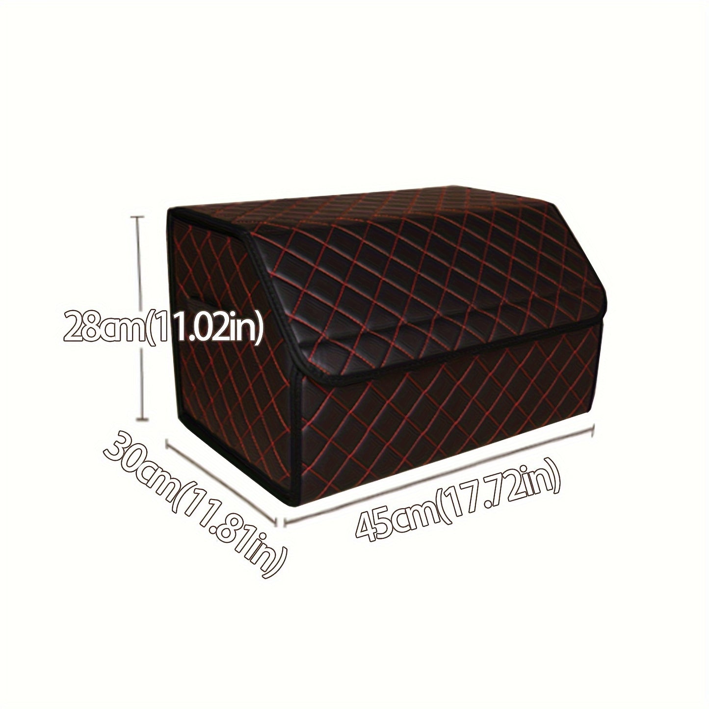 Car trunk organizer made of premium PU leather with diamond stitching and red accents, collapsible and multi-compartment storage box for cars, trucks, and SUVs.