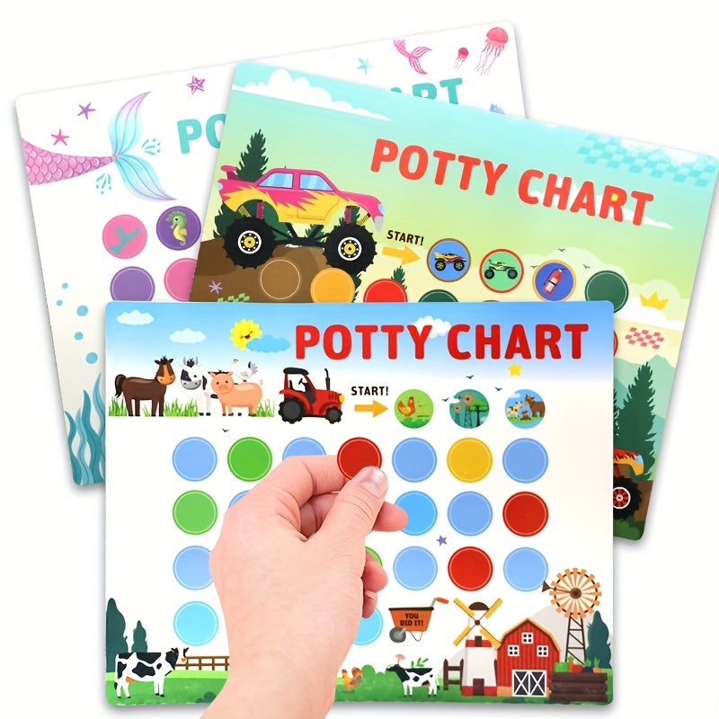 Sticker charts for children's toilet training featuring mermaid, car, and farm designs. Includes stickers for Christmas, Halloween, and Thanksgiving gift rewards.