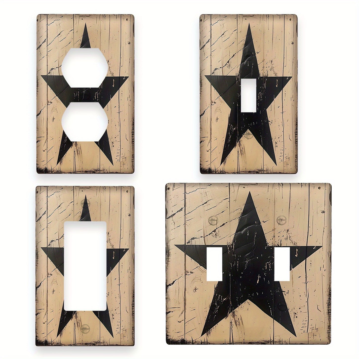 Hand painted rustic black star wall plate adds decorative touch to light switches. No electricity required, easy to clean, suitable for country-style bathroom or bedroom decor. Available in single gang or dual gang options.