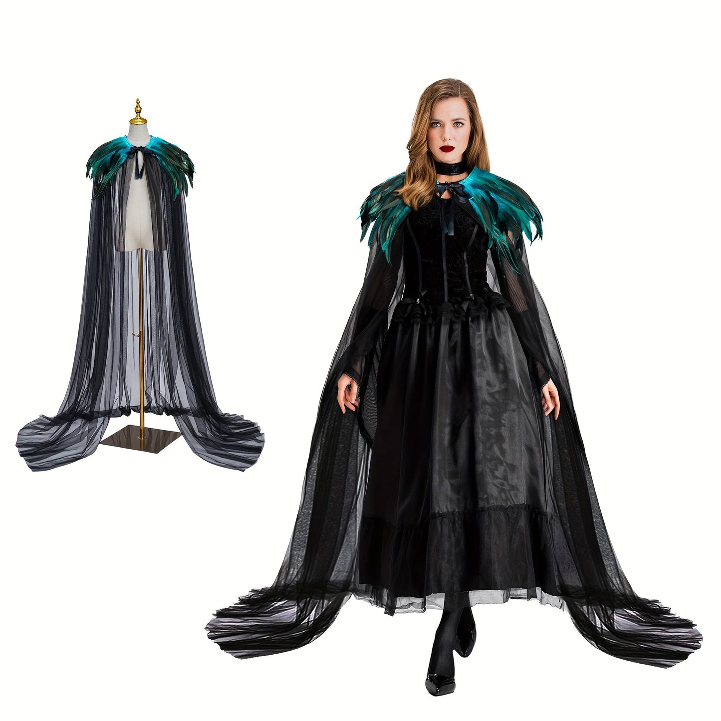 L'VOW Evil Queen Witch Costume - Perfect for Halloween Cosplay. Includes Feathered Cape, Long Robe & Shawl. Stand out in this Funky Polyester Masquerade Outfit from L'VOW.