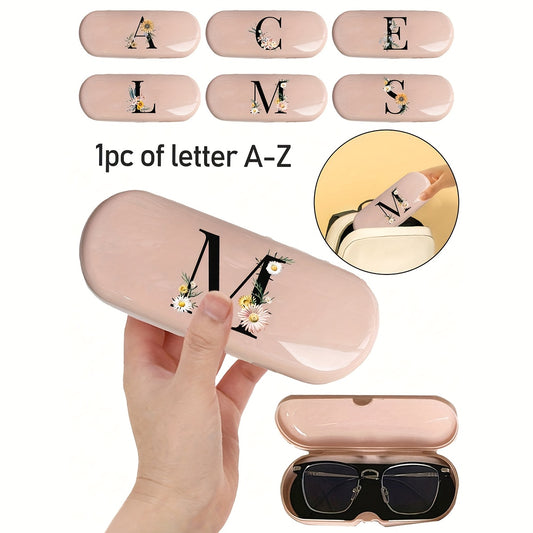 Pink floral monogram glasses case with A-Z letter design featuring a daisy flower print. Portable, waterproof, and dustproof, suitable for both men and women. Compact plastic storage box