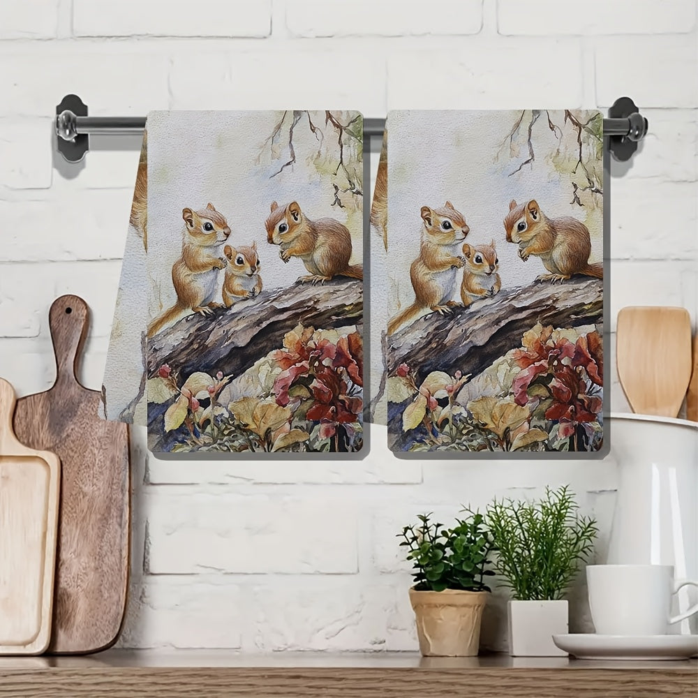 Two pieces of Coastal Style Chipmunk kitchen towels made from super absorbent polyester knit fabric. These towels are machine washable and have a contemporary oblong shape, perfect for holiday decor. Each towel measures 40.64x60.96 cm.