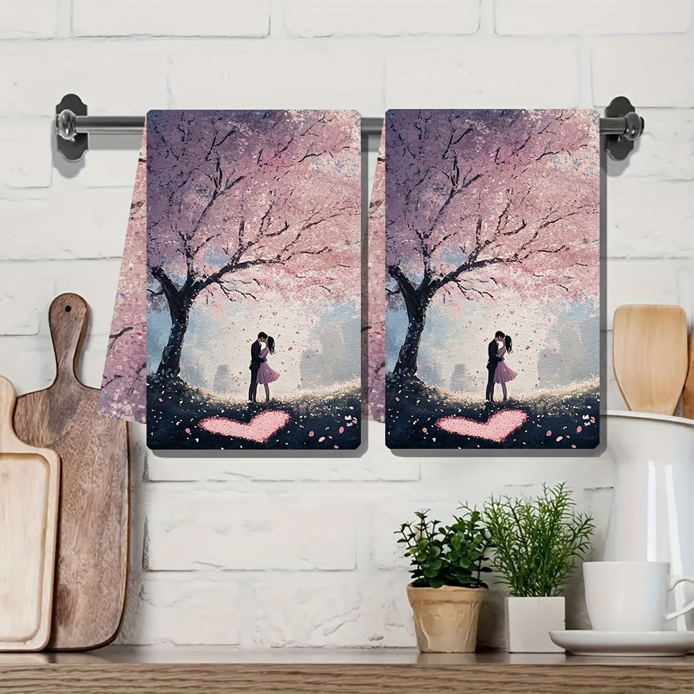 Kitchen Towels Ultra Soft, Set of 2, Featuring a Romantic Scene Under a Cherry Blossom Tree with Petals Falling as a Couple Kisses Beside a Heart Drawn in the Grass. Highly Absorbent Dish Hand Towels for Holiday Decor. Machine Washable, Measures 16x24