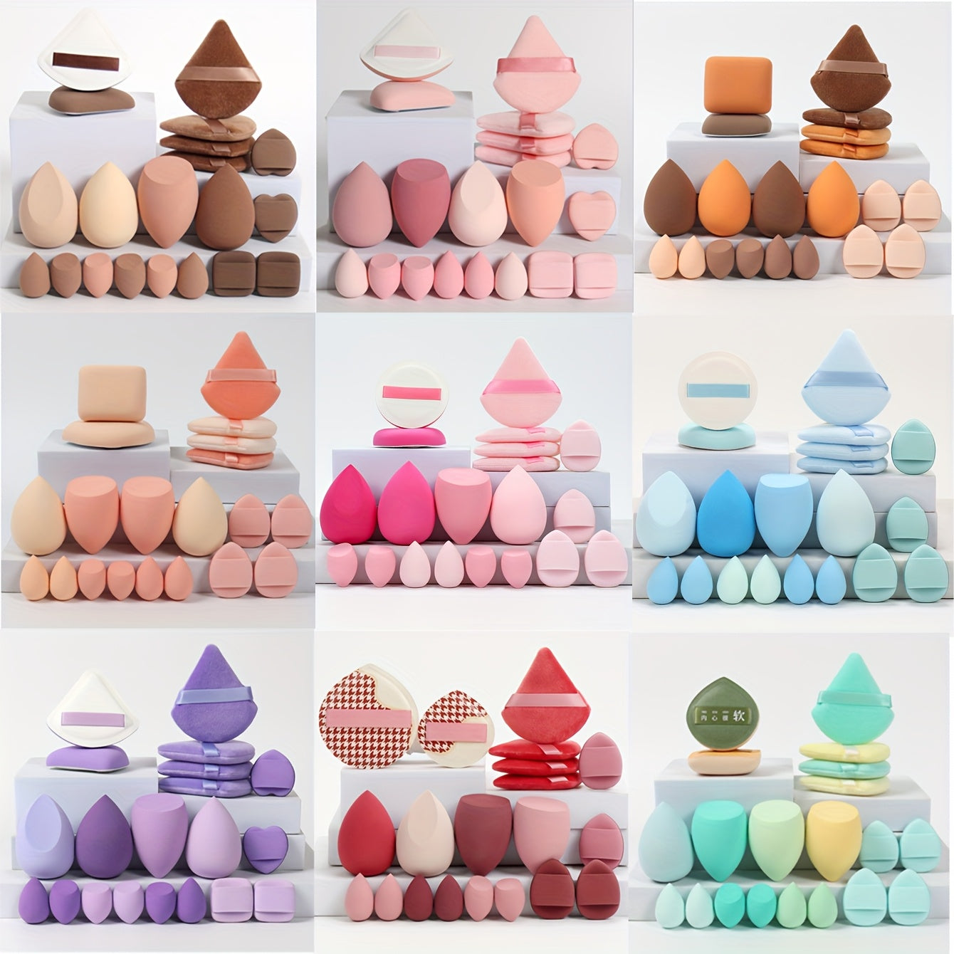 A 20-piece candy set includes various beauty sponges for blending makeup and covering imperfections. Latex-free and suitable for all skin types.