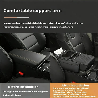 Luxurious PU leather armrest pad with cup holder, tissue box, and storage solutions for enhanced comfort and style.