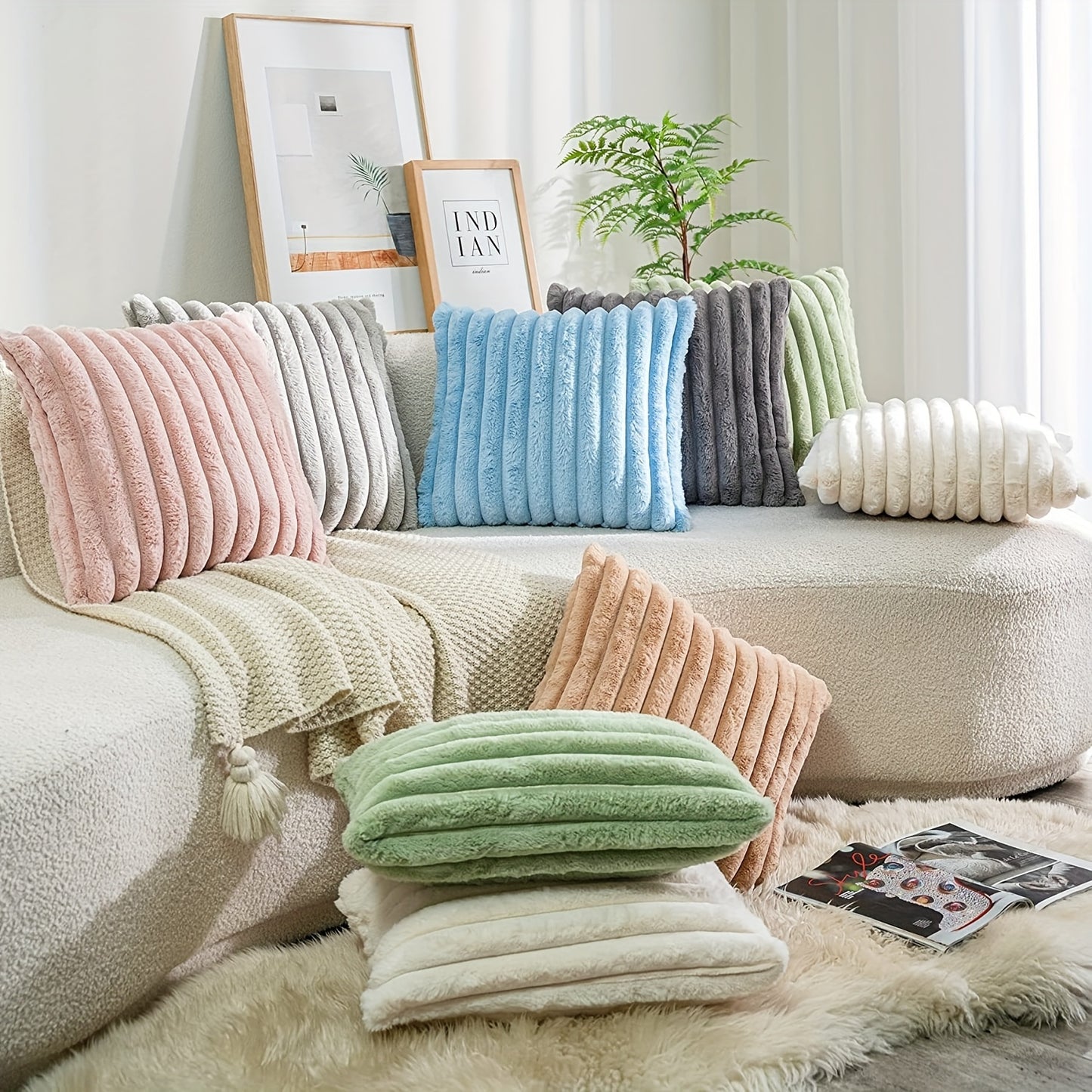 1 piece double-sided faux fur plush throw pillow covers, fuzzy striped soft cushion covers for sofa, couch, bedroom, home decor. Pillow core not included.