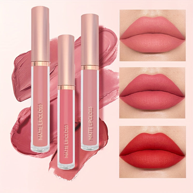 3-piece matte lipstick lip gloss set, waterproof and non-stick cup. Matte velvety finish, long-lasting and fade-resistant. Perfect for Valentine's Day or Mother's Day gifts for women.