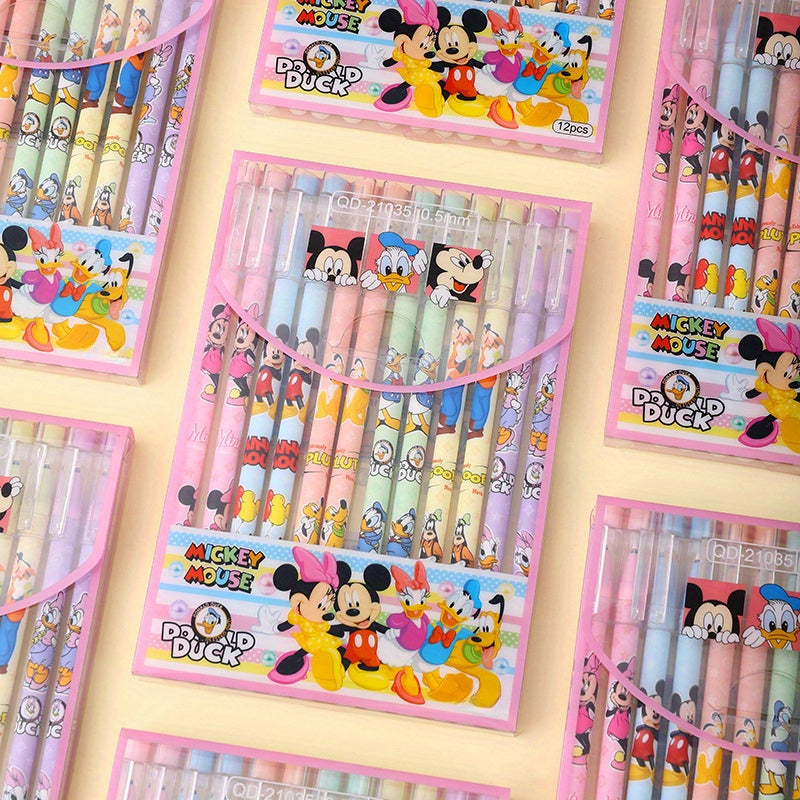 1 pack of Mickey Mouse gel pens with erasable ink, 0.5mm medium point, assorted cartoon designs, ideal for school or office.