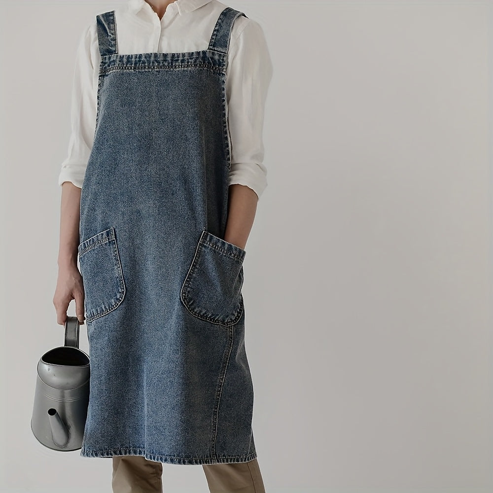 Vintage-style denim apron with pockets, adjustable straps, and waterproof design for kitchen and restaurant work.