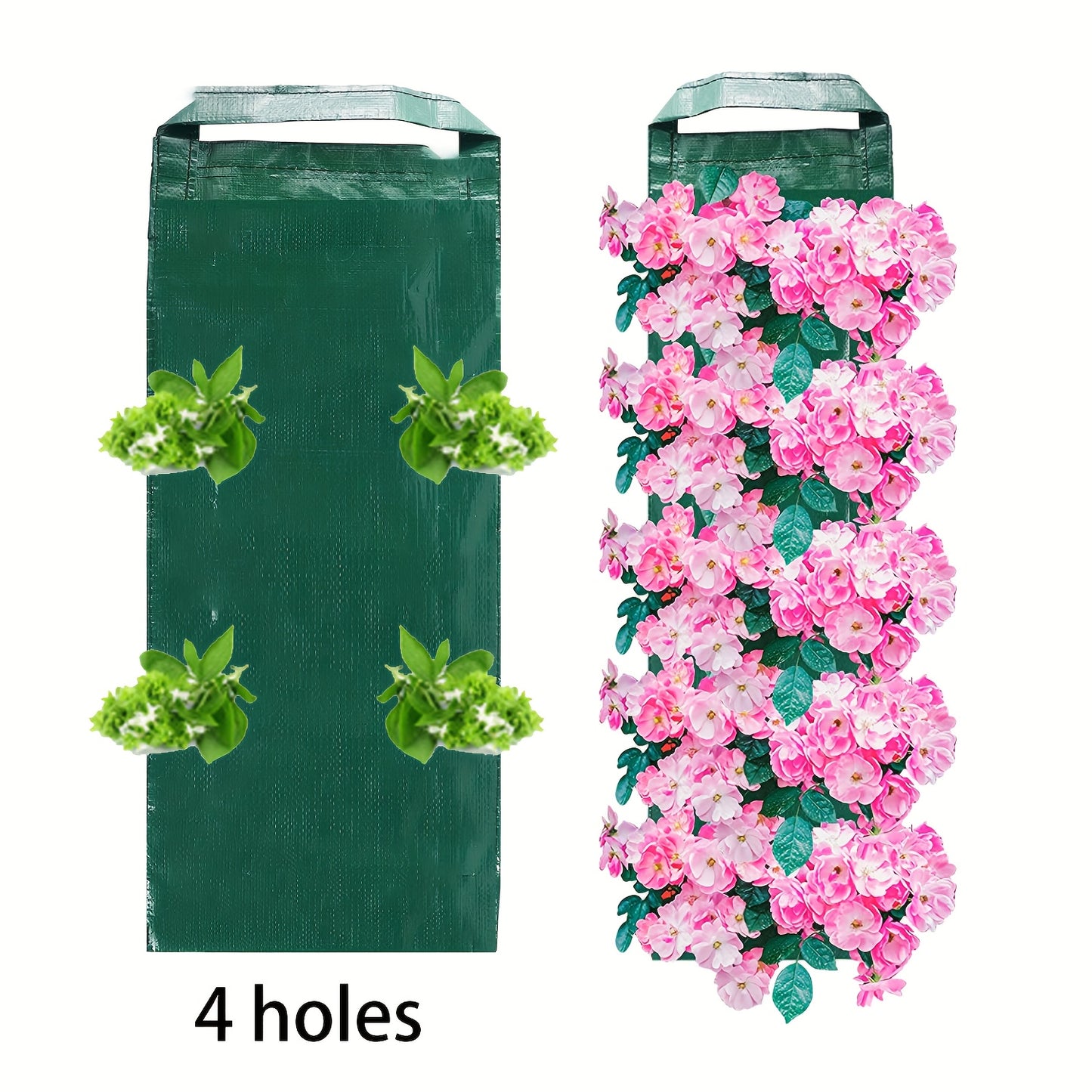 1 Pack, Vertical Hanging Strawberry Planter Bag with Multiple Pockets for various plants, made of durable non-woven material in green color, measuring 59.94cm in length and with drainage