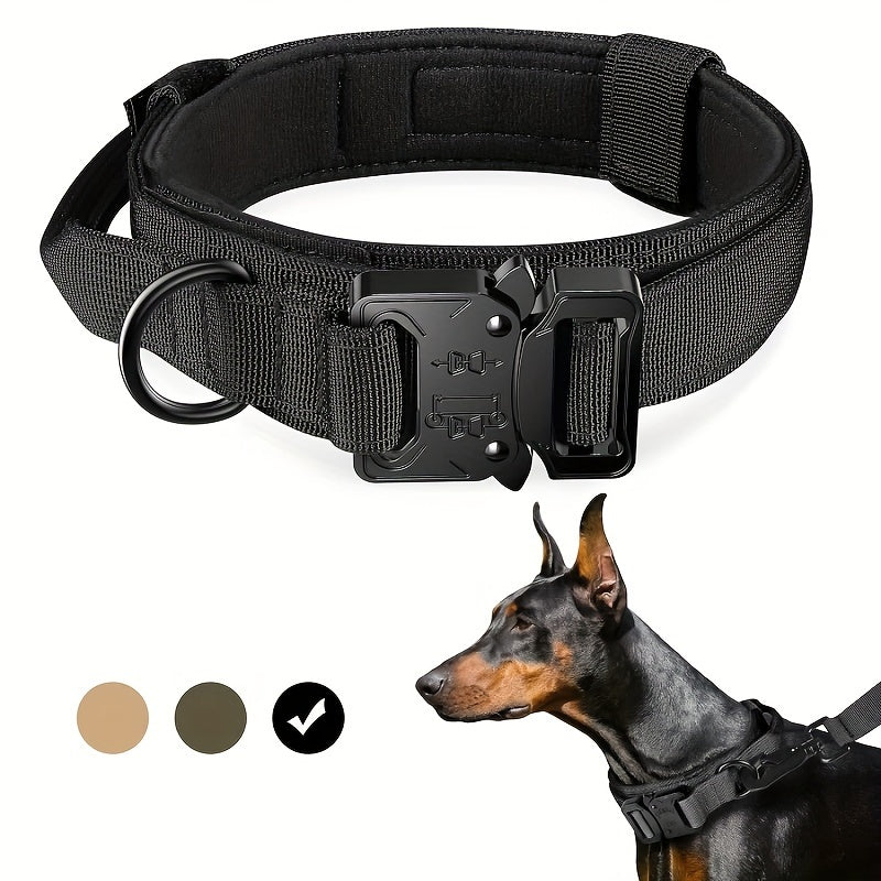 Adjustable tactical dog collar with control handle and heavy metal buckle for daily training and walks of medium to large dogs.