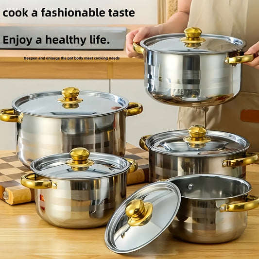 Set of 5 Stainless Steel Cookware Pieces - Versatile Soup Pots with Lids, Increased Capacity, Range of Sizes, 5 Pots & Lids Included, Perfect for Making Stews, Suitable for Use on All Stove Types, Ready for Gas Stovetops