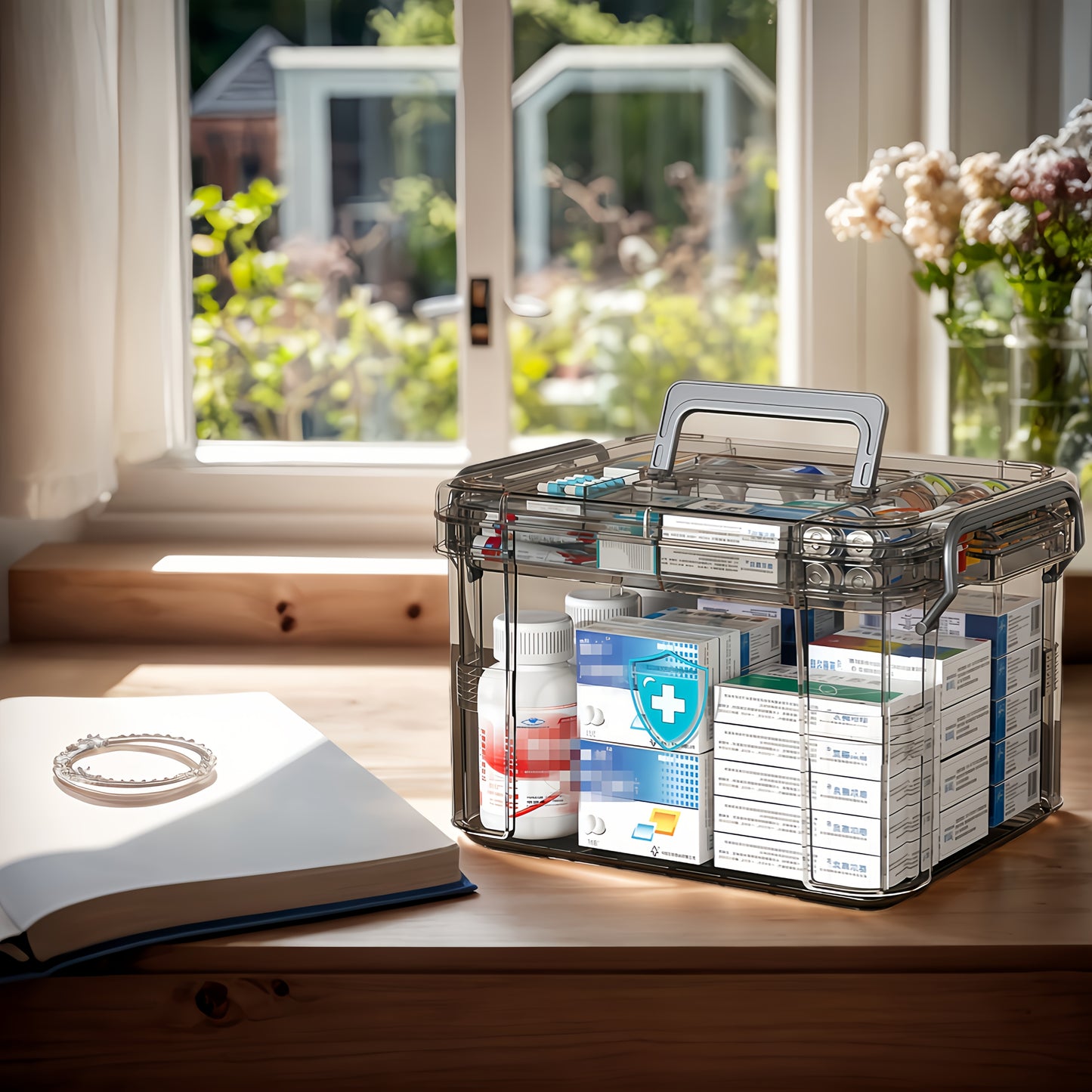 Waterproof double-layer medicine organizer for home first aid supplies.