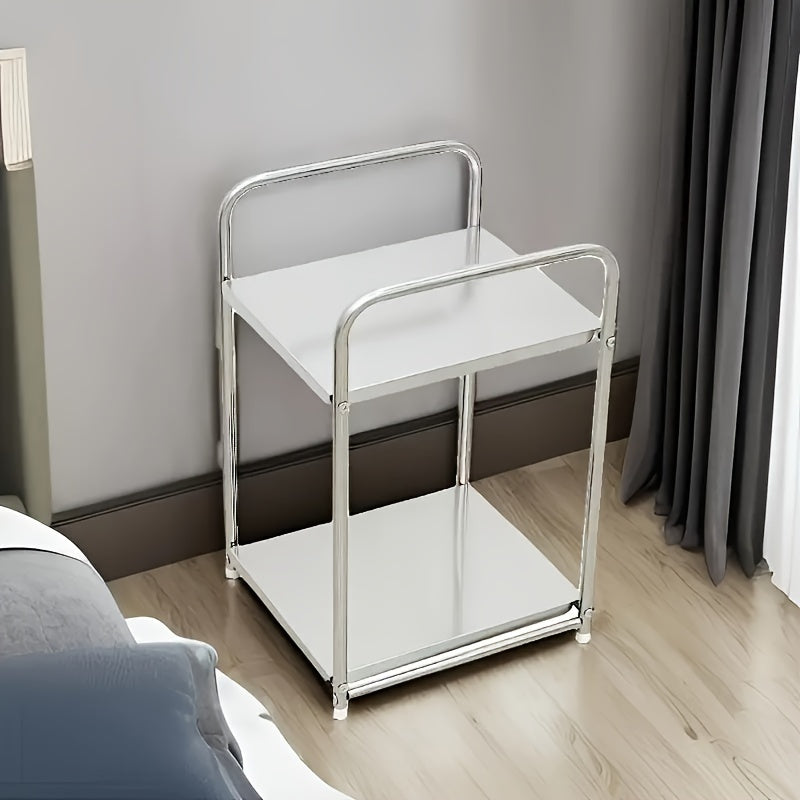 This modern stainless steel utility rack has two tiers and can be used for multiple functions. It does not require any assembly and can be used as a side sofa table or bedside organizer stand. It can be used without the need for electricity.