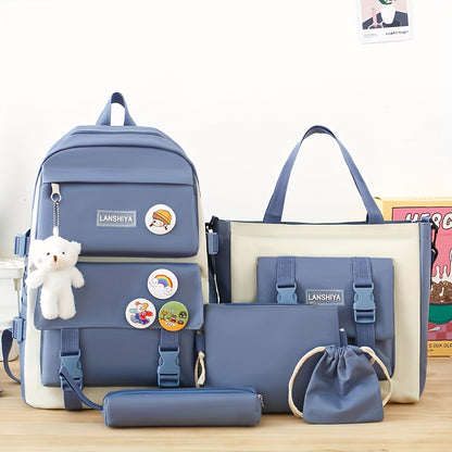 5-piece school bag set includes canvas backpack with plush bear, badge, coin purse, pencil case, handbag storage pouch, and crossbody bag for college. Cute style with stitching detail and