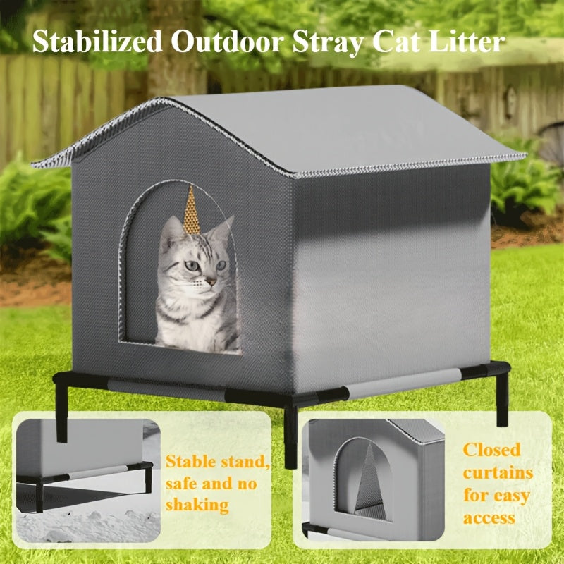 1pc Classic Oxford Cloth Outdoor Cat House with Raised Stand, Double-Sided Mat, Aluminum Foil Insulation, Weatherproof & Insulated Feral Cat Shelter, Pre-Assembled for Multiple Kittens &