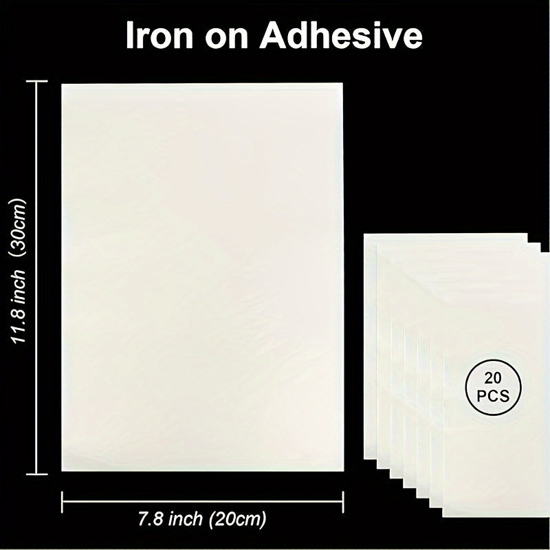 20 Pieces of Iron-On Adhesive Sheets: Double-Sided Fabric Glue for A4 Size Projects, Press-On Patch Tape, Fusible Interfacing for Sewing, Heat Bonding Solution