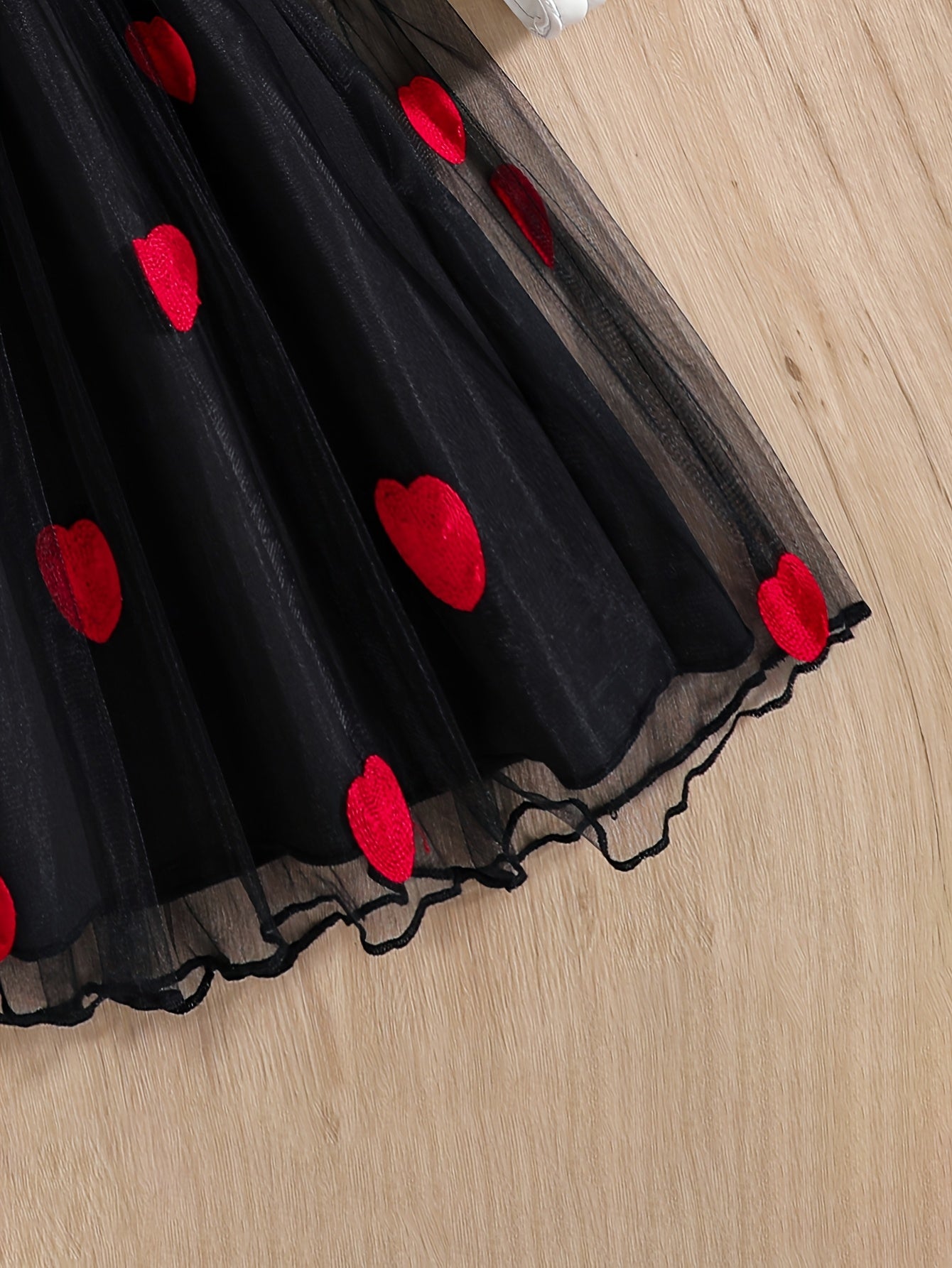 Festive Fun: Cute Girls' Black & Red Heart Mesh Dress - Casual, A-Line, Ideal for Parties & Outings, Summer Ready, Machine Washable