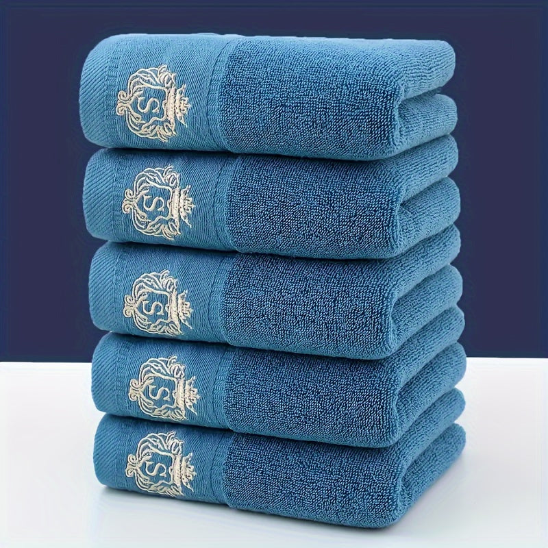 Contemporary monogrammed hand towels with embroidered character design, 5-pack. Quick-dry and absorbent, 390 GSM luxury towels for bathroom.