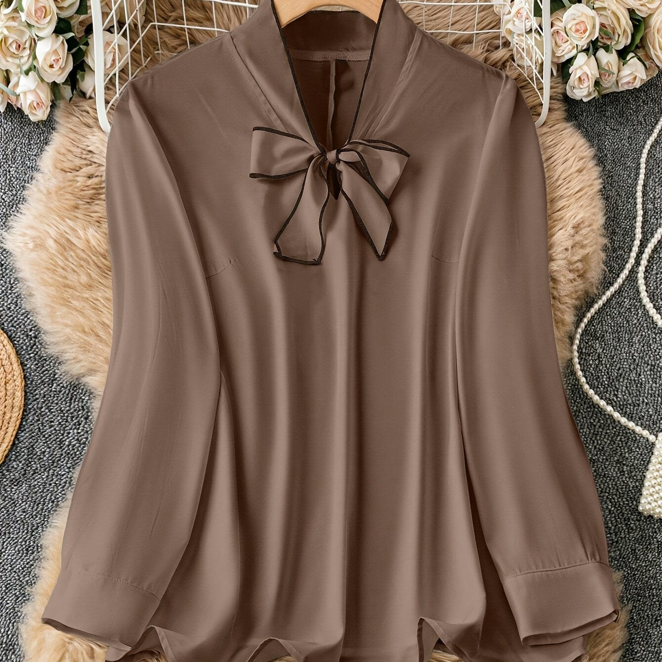 Plus Size Elegant High Neck Blouse with Contrast Binding Detail, 95% Polyester, 5% Spandex, Solid Color, Non-Stretch Woven Fabric, All Season Wear.