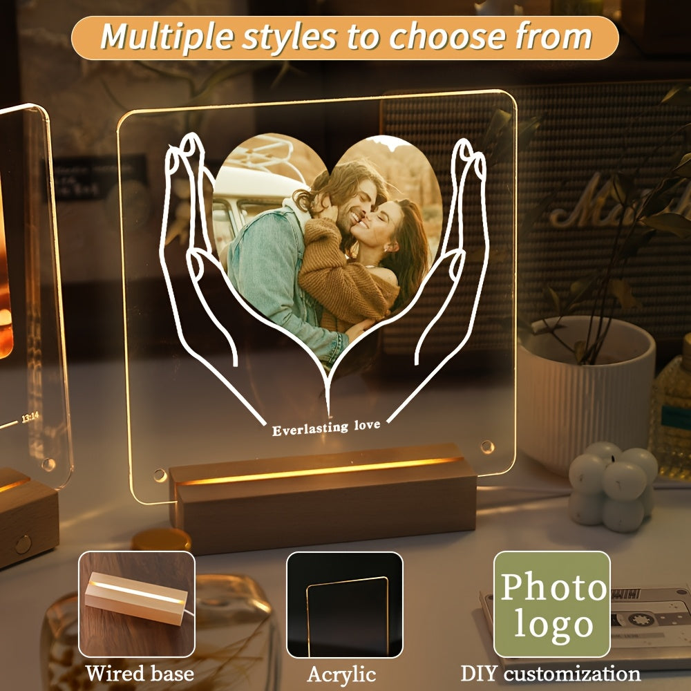 Single frame with LED light featuring personalized photo and customizable acrylic love heart design. Transparent stand for displaying pictures, perfect for celebrating special occasions such as anniversary, Valentine's Day, Christmas, Mother's Day