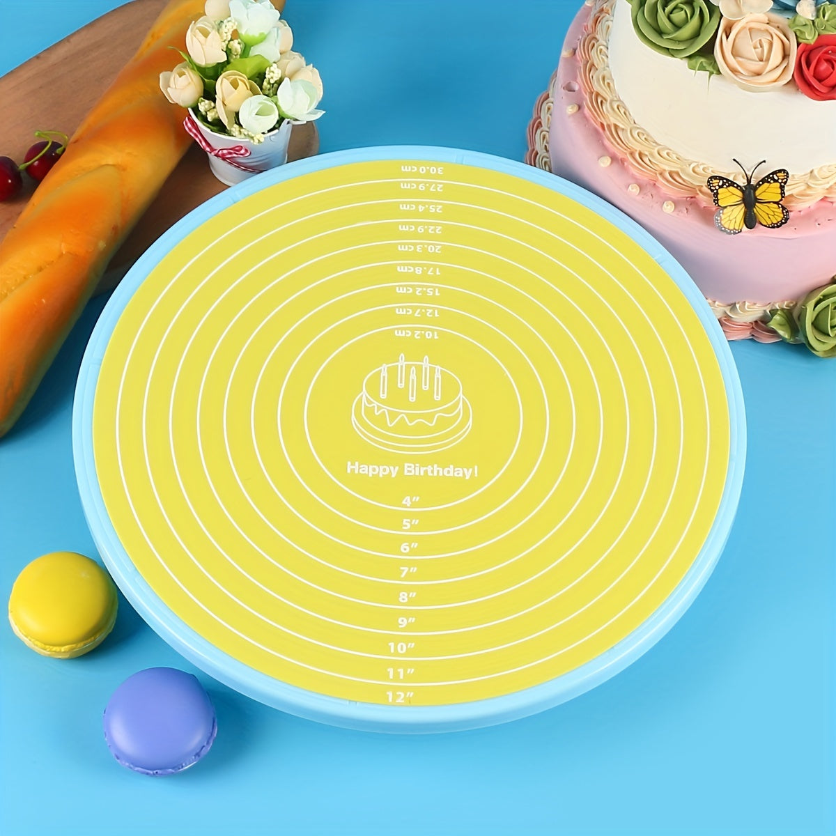 Silicone baking mat with measurements for cake turntable stand, non-stick and heat resistant. Perfect for pastry baking.