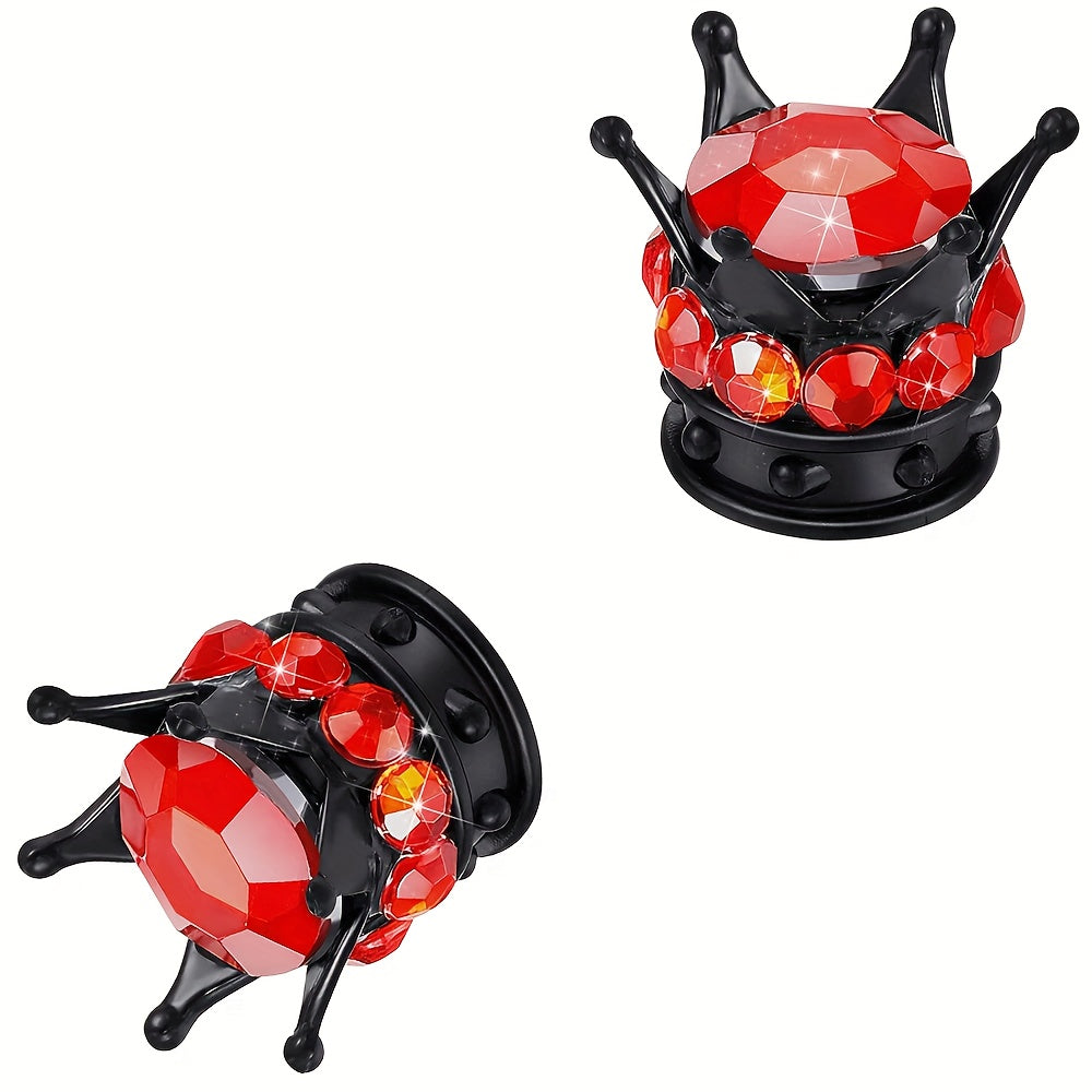 Pair of 2 Crown-shaped Car Tire Valve Stem Caps made of ABS Plastic with Rhinestone Embellishments, Non-Electric Decorative Wheel Air Valve Covers