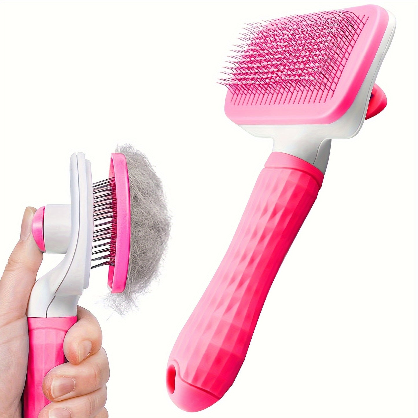 1pc Easy-Clean Pet Grooming Brush for Dogs & Cats - Gentle deshedding massage comb with one-click hair removal, plastic handle, ideal for loose undercoat, dog grooming.