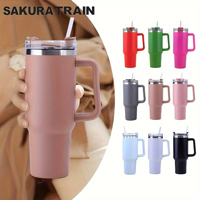 Sakura Train 40oz insulated tumbler with handle & straw lid for hot/cold beverages | BPA-free, shatterproof | Multiple colors | Perfect gift for outdoor activities.