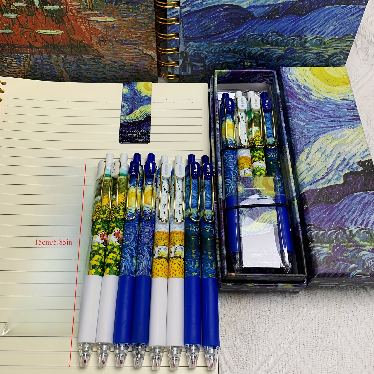 4pcs Set of Van Gogh Starry Night Pens with retractable 0.5mm fine tip, high quality and smooth writing. Ideal for diaries and school supplies.