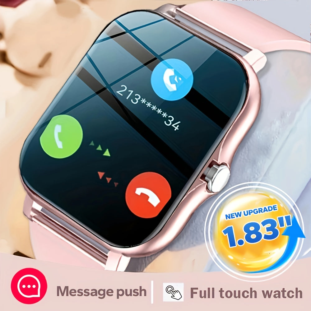 New smartwatch with 1.83" display, wireless calling, multiple sports modes, sedentary reminders, weather forecasts, message notifications, borderless design, suitable for both Android and