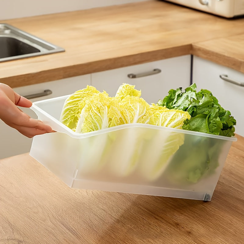 Sliding Refrigerator Organizer Bins - Set of 4, Stackable Storage Drawers for Fruits, Vegetables, Eggs, and Frozen Foods. Multi-functional Kitchen Organizer with Rolling Casters and Food-Safe Plastic Material ideal for Countertop and Sink Organization.