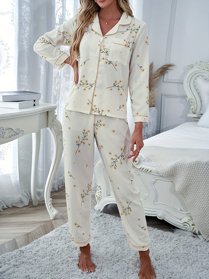 Women's floral print pajama set with long sleeve top, button-up closure, and elastic waistband pants for sleepwear and loungewear.