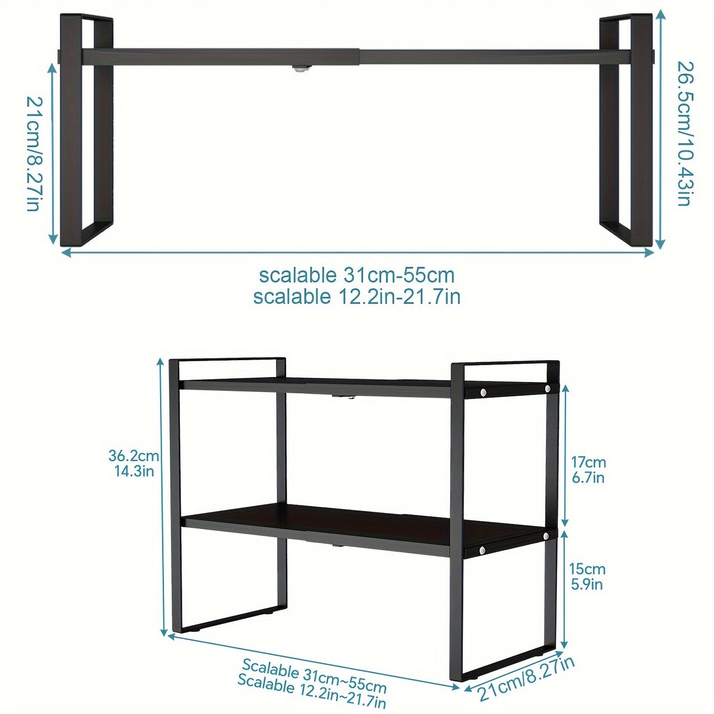 The 2-Tier Expandable Black Metal Cabinet Organizer Riser is a heavy-duty, non-slip storage shelf designed for use in the kitchen pantry, under sink, or on countertops. This stackable organizer is space-saving and features an open storage design, making