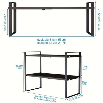 The 2-Tier Expandable Black Metal Cabinet Organizer Riser is a heavy-duty, non-slip storage shelf designed for use in the kitchen pantry, under sink, or on countertops. This stackable organizer is space-saving and features an open storage design, making