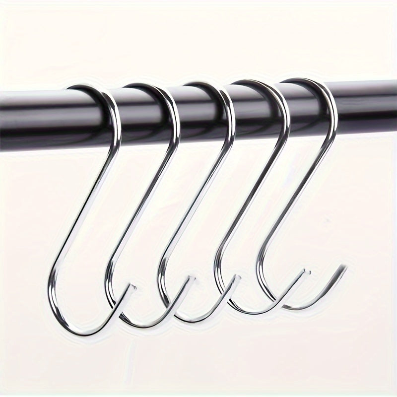 10 stainless steel S-hooks for kitchen, bedroom, and bathroom. Ideal for hanging towels, bags, and accessories. Rustproof and multi-functional.