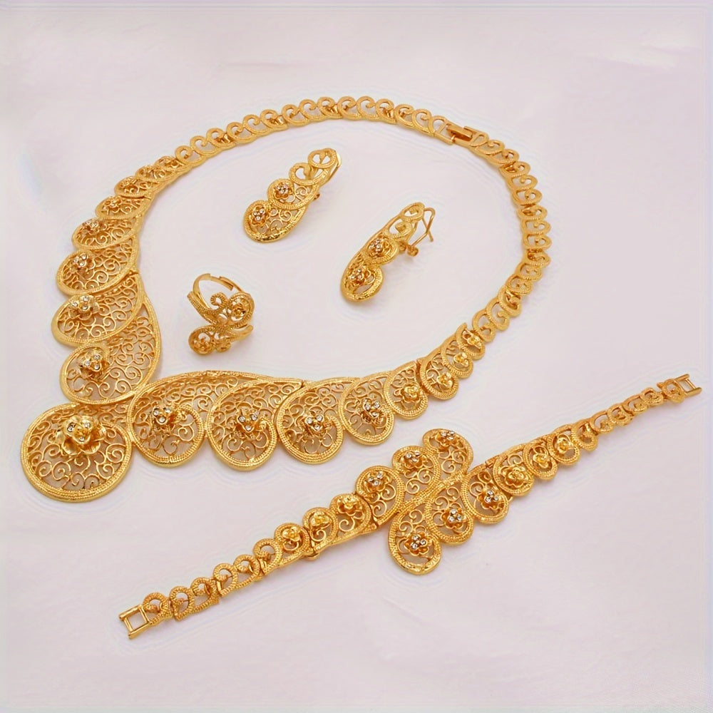 Luxurious 4-piece JIAMILA Tribal Style Jewelry Set crafted with Gold-Plated Zinc Alloy and adorned with Rhinestones. This set includes a Necklace, Bracelet, Ring, and Earrings designed for Women, ideal for both daily wear and special festival